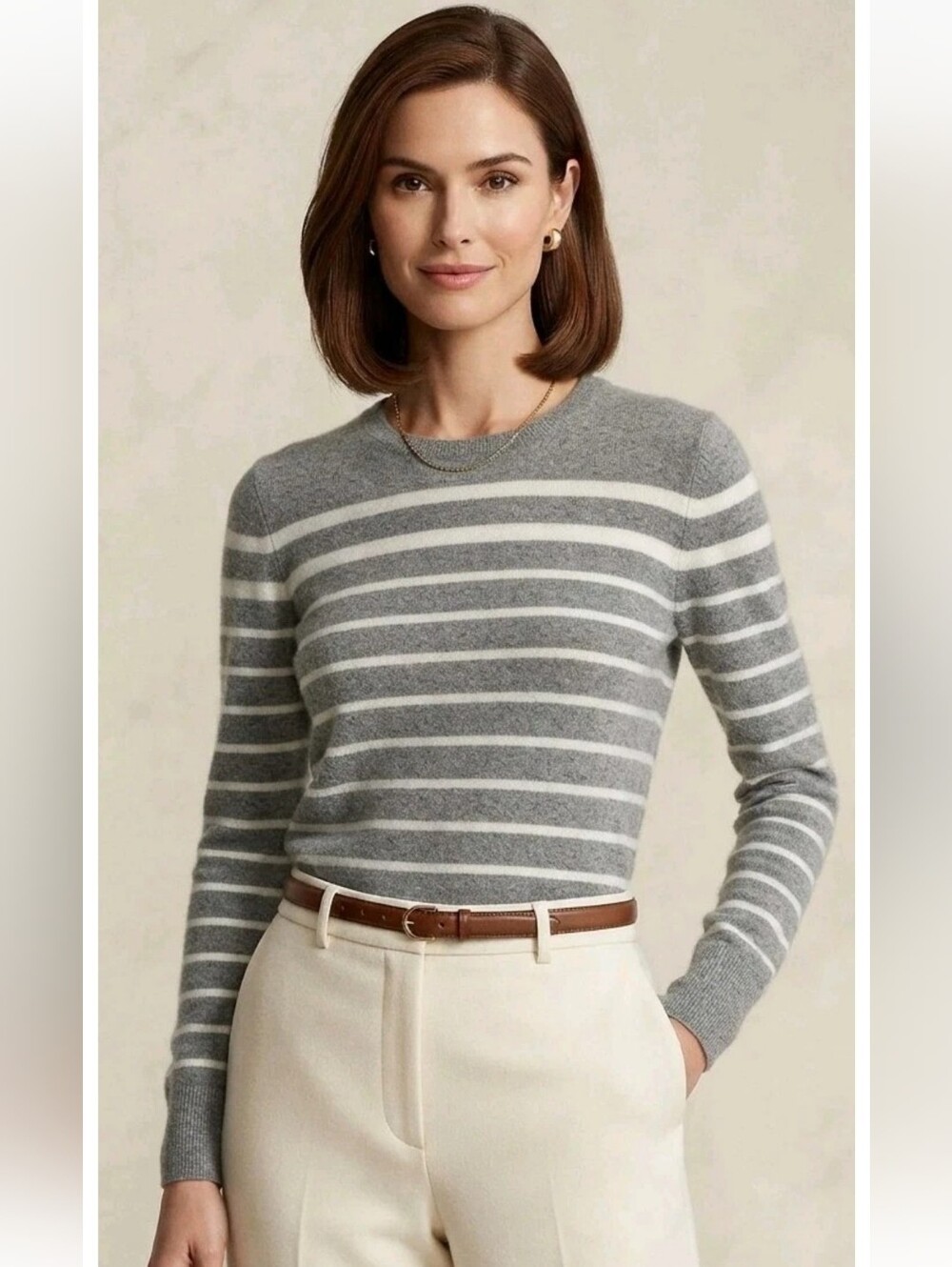 Talbots Women’s 100% Pure Cashmere Sweater Gray White Stripe Pullover! L